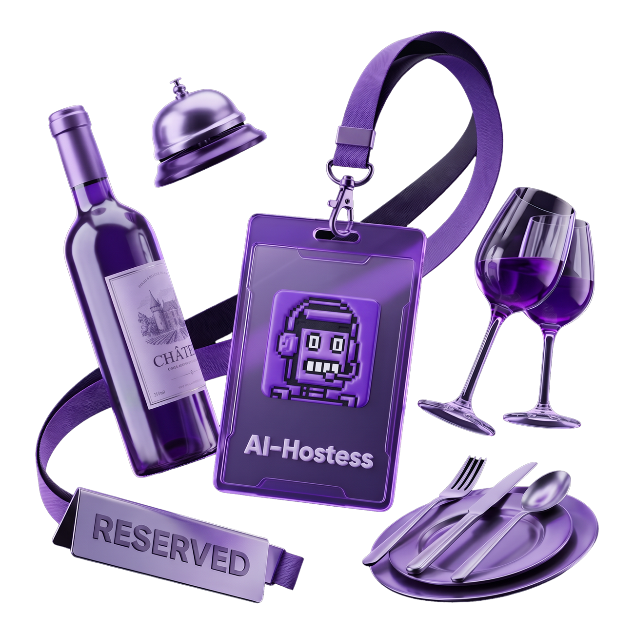 ИИ-хостес: бейдж AI-Hostess, колокольчик ресепшена, табличка Reserved, вино и сервировка